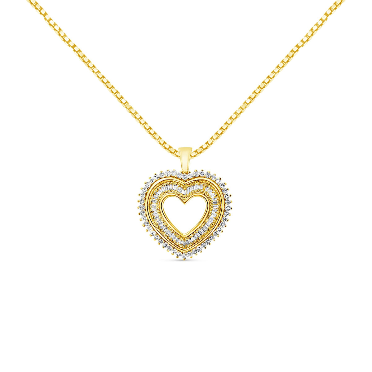 14K Yellow Gold Plated .925 Sterling Silver 1.0 Cttw Round and Baguette-Cut Diamond Composite Hearth 18&quot; Pendant Necklace (I-J Color, I1-I2 Clarity) - LinkagejewelrydesignLinkagejewelrydesign