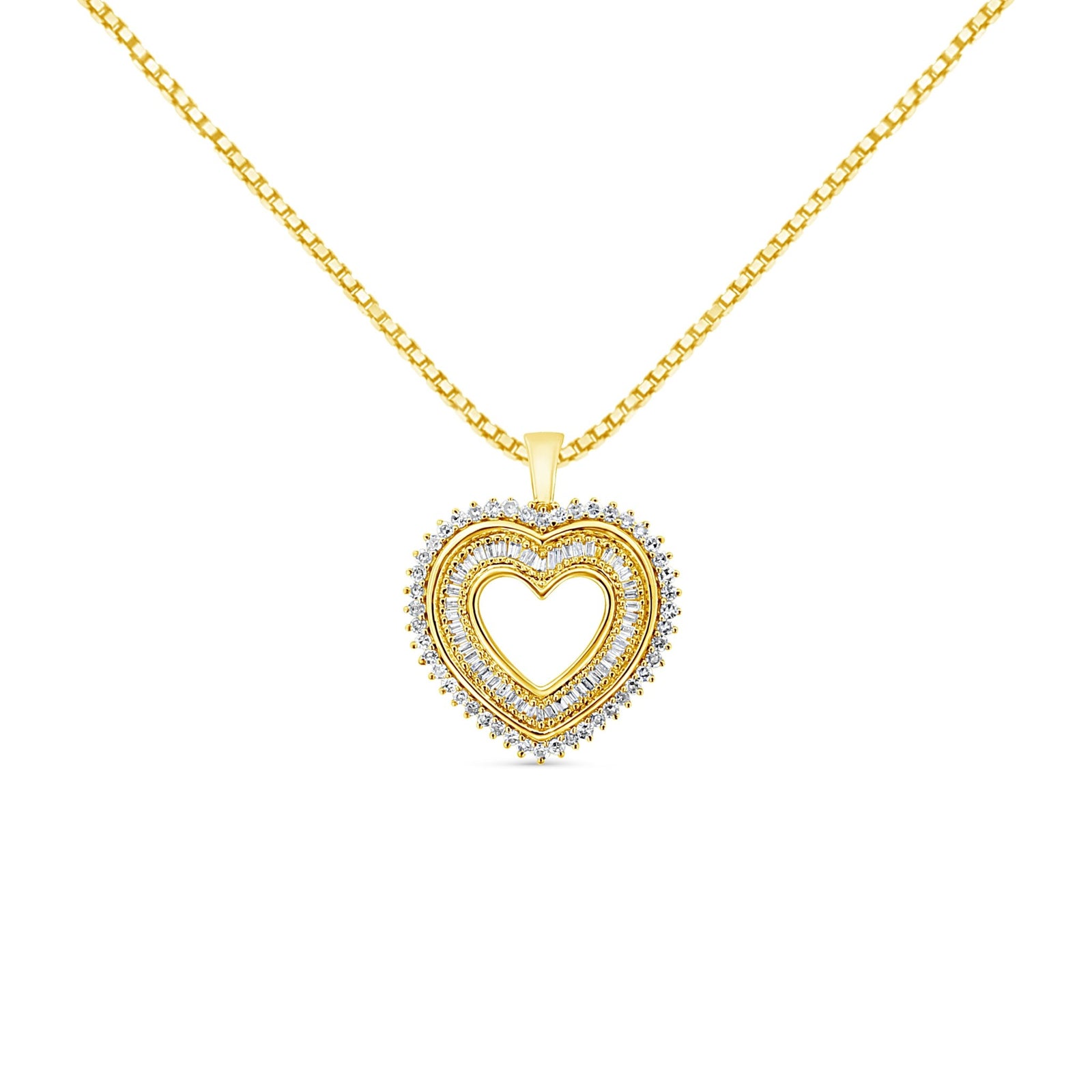 14K Yellow Gold Plated .925 Sterling Silver 1.0 Cttw Round and Baguette-Cut Diamond Composite Hearth 18" Pendant Necklace (I-J Color, I1-I2 Clarity) - LinkagejewelrydesignLinkagejewelrydesign