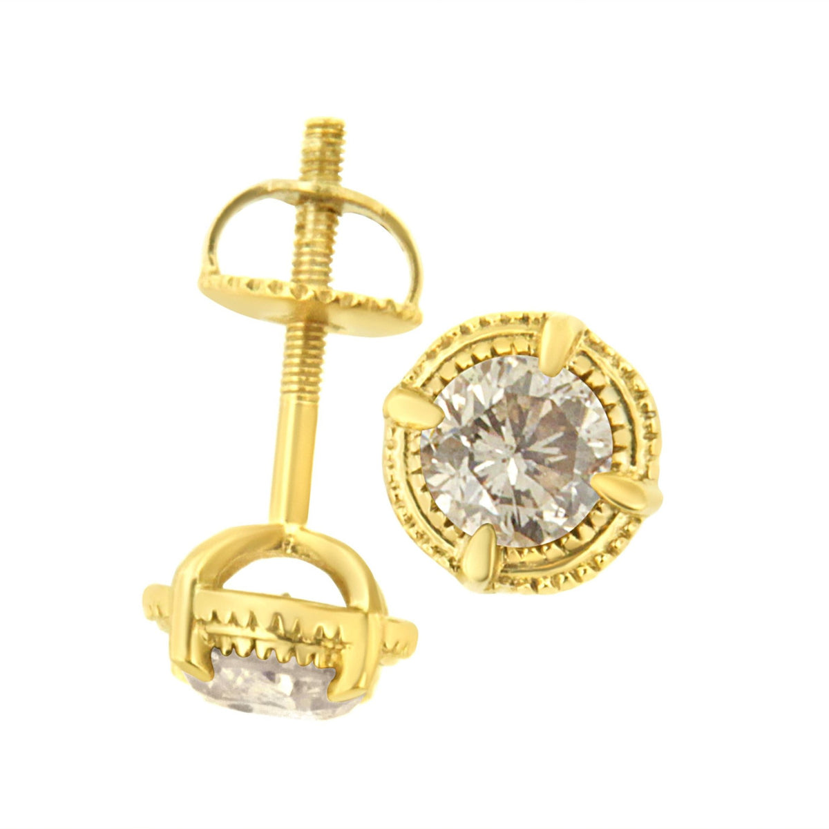 14K Yellow Gold Plated .925 Sterling Silver 1.0 Cttw Round Brilliant Cut Diamond Solitaire Milgrain Stud Earrings (K-L Color, I2-I3 Clarity) - LinkagejewelrydesignLinkagejewelrydesign