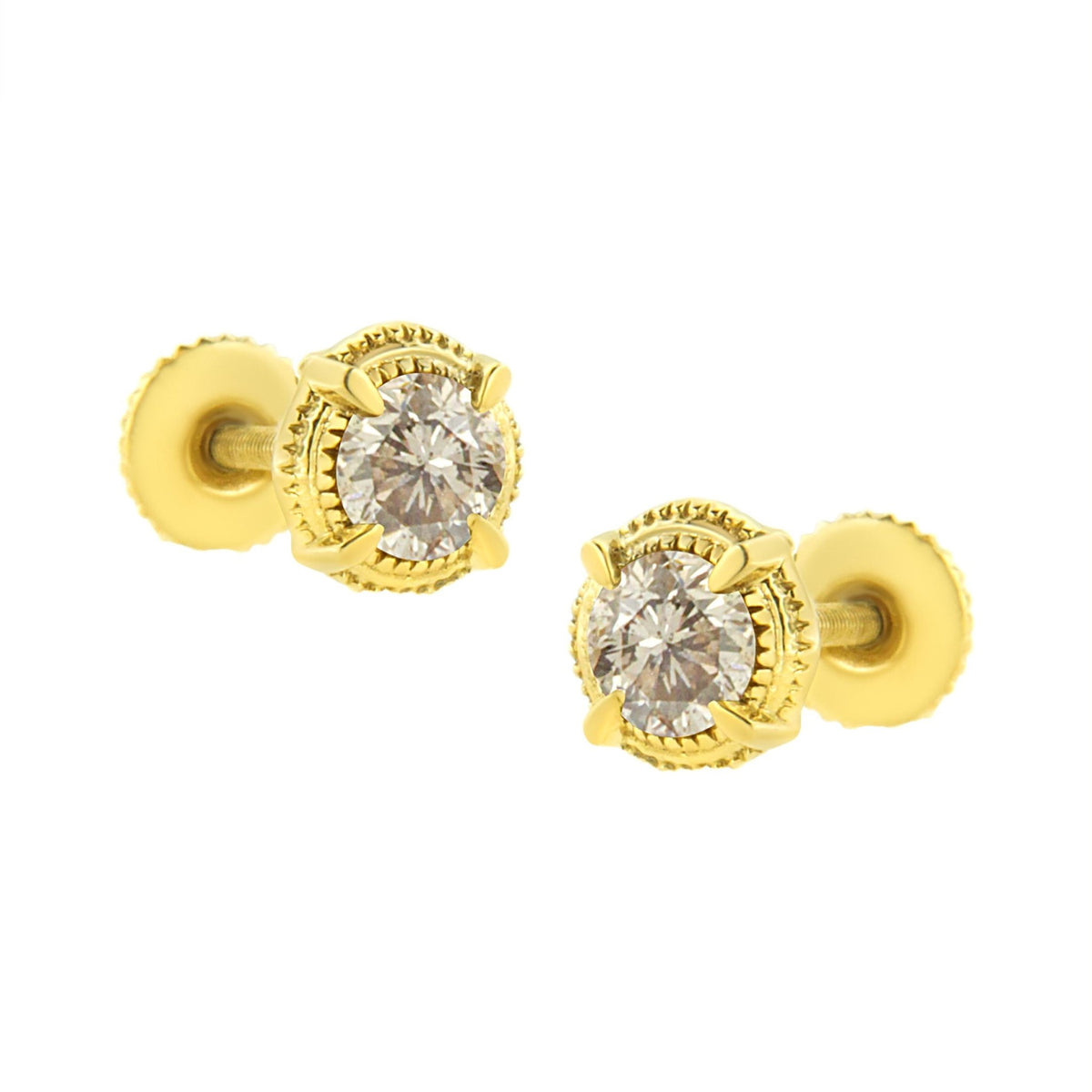 14K Yellow Gold Plated .925 Sterling Silver 1.0 Cttw Round Brilliant Cut Diamond Solitaire Milgrain Stud Earrings (K-L Color, I2-I3 Clarity) - LinkagejewelrydesignLinkagejewelrydesign