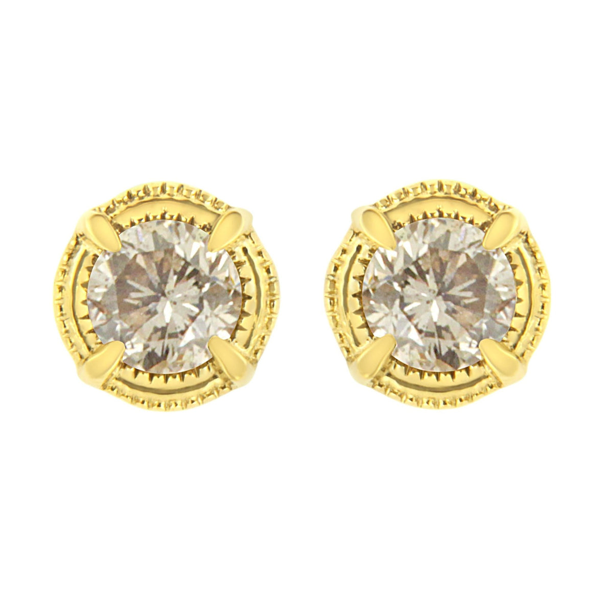 14K Yellow Gold Plated .925 Sterling Silver 1.0 Cttw Round Brilliant Cut Diamond Solitaire Milgrain Stud Earrings (K-L Color, I2-I3 Clarity) - LinkagejewelrydesignLinkagejewelrydesign