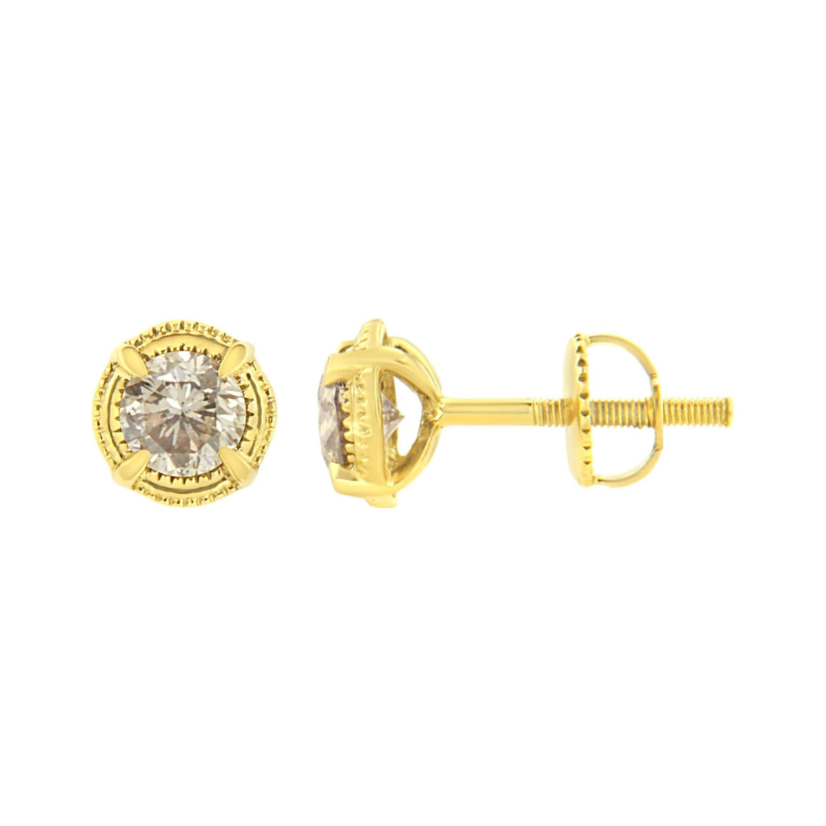 14K Yellow Gold Plated .925 Sterling Silver 1.0 Cttw Round Brilliant Cut Diamond Solitaire Milgrain Stud Earrings (K-L Color, I2-I3 Clarity) - LinkagejewelrydesignLinkagejewelrydesign