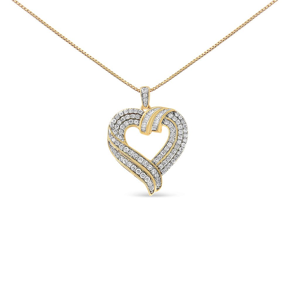 14K Yellow Gold Plated .925 Sterling Silver 1.00 Cttw Baguette Diamond Composite Open Heart 18&quot; Inch Pendant Necklace (I-J Color, I1-I2 Clarity) - LinkagejewelrydesignLinkagejewelrydesign