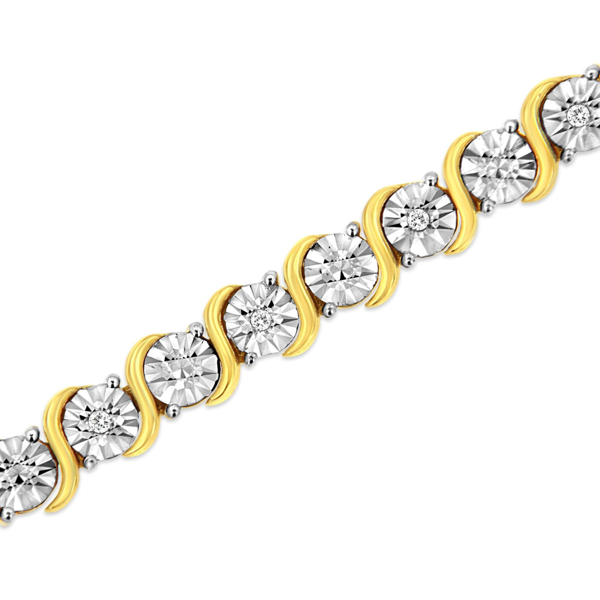 14K Yellow Gold Plated .925 Sterling Silver 1/10 Cttw Diamond Round Miracle Plate and &quot;S&quot; Link Tennis Bracelet (I-J Color, I2- I3 Clarity) - 7&quot; - LinkagejewelrydesignLinkagejewelrydesign
