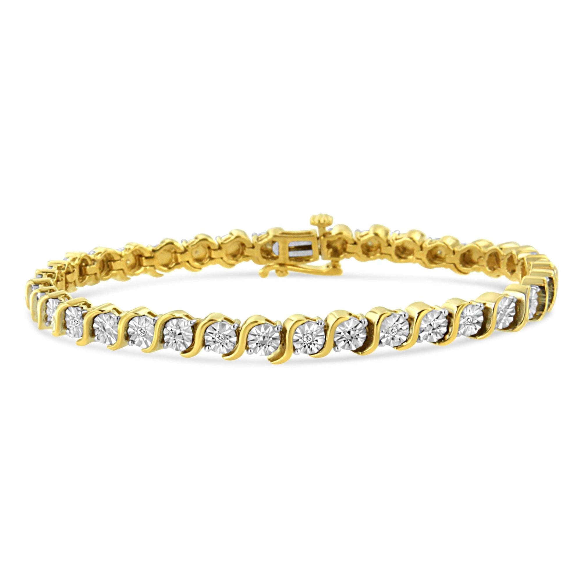 14K Yellow Gold Plated .925 Sterling Silver 1/10 Cttw Diamond Round Miracle Plate and "S" Link Tennis Bracelet (I-J Color, I2- I3 Clarity) - 7" - LinkagejewelrydesignLinkagejewelrydesign