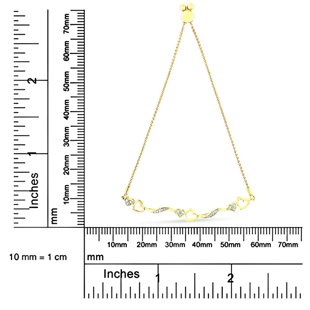 14K Yellow Gold Plated .925 Sterling Silver 1/10 Cttw Diamond Wave and Hearts 4”-10” Adjustable Bolo Bracelet (I-J Color, I3 Clarity) - LinkagejewelrydesignLinkagejewelrydesign