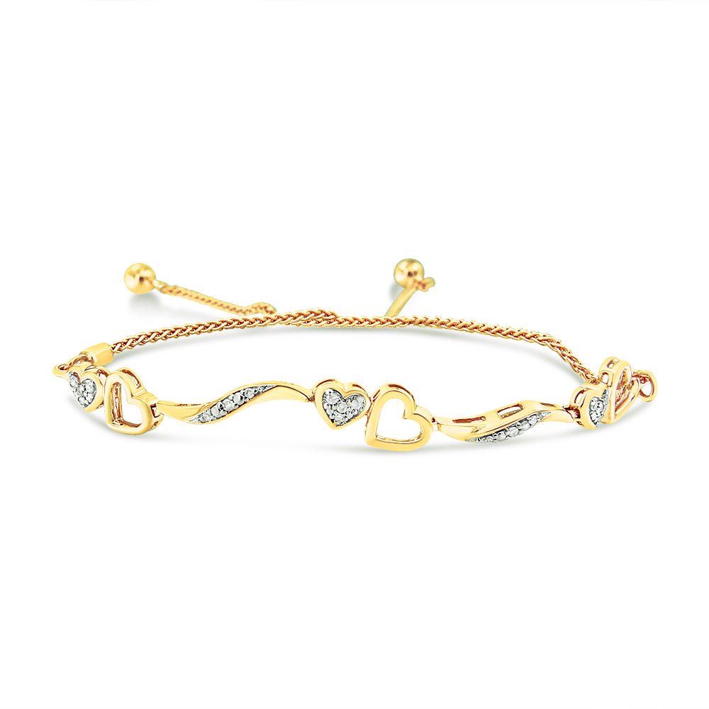 14K Yellow Gold Plated .925 Sterling Silver 1/10 Cttw Diamond Wave and Hearts 4”-10” Adjustable Bolo Bracelet (I-J Color, I3 Clarity) - LinkagejewelrydesignLinkagejewelrydesign