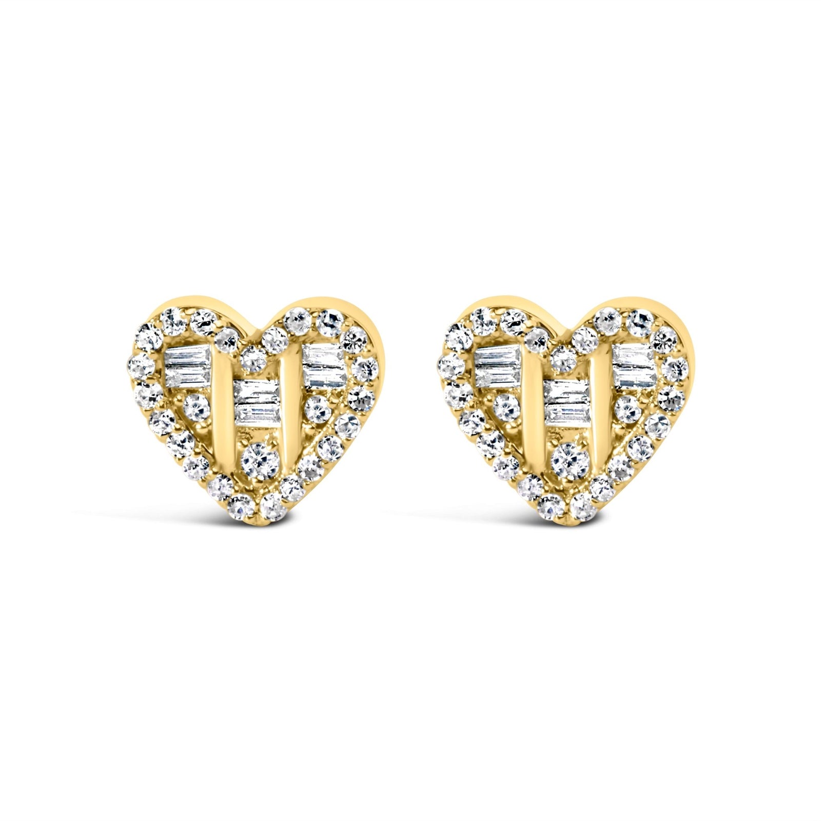 14K Yellow Gold Plated .925 Sterling Silver 1/2 Cttw Round and Baguette Diamond Composite Heart Shaped Stud Earring (I-J Color, SI2-I1 Clarity) - LinkagejewelrydesignLinkagejewelrydesign