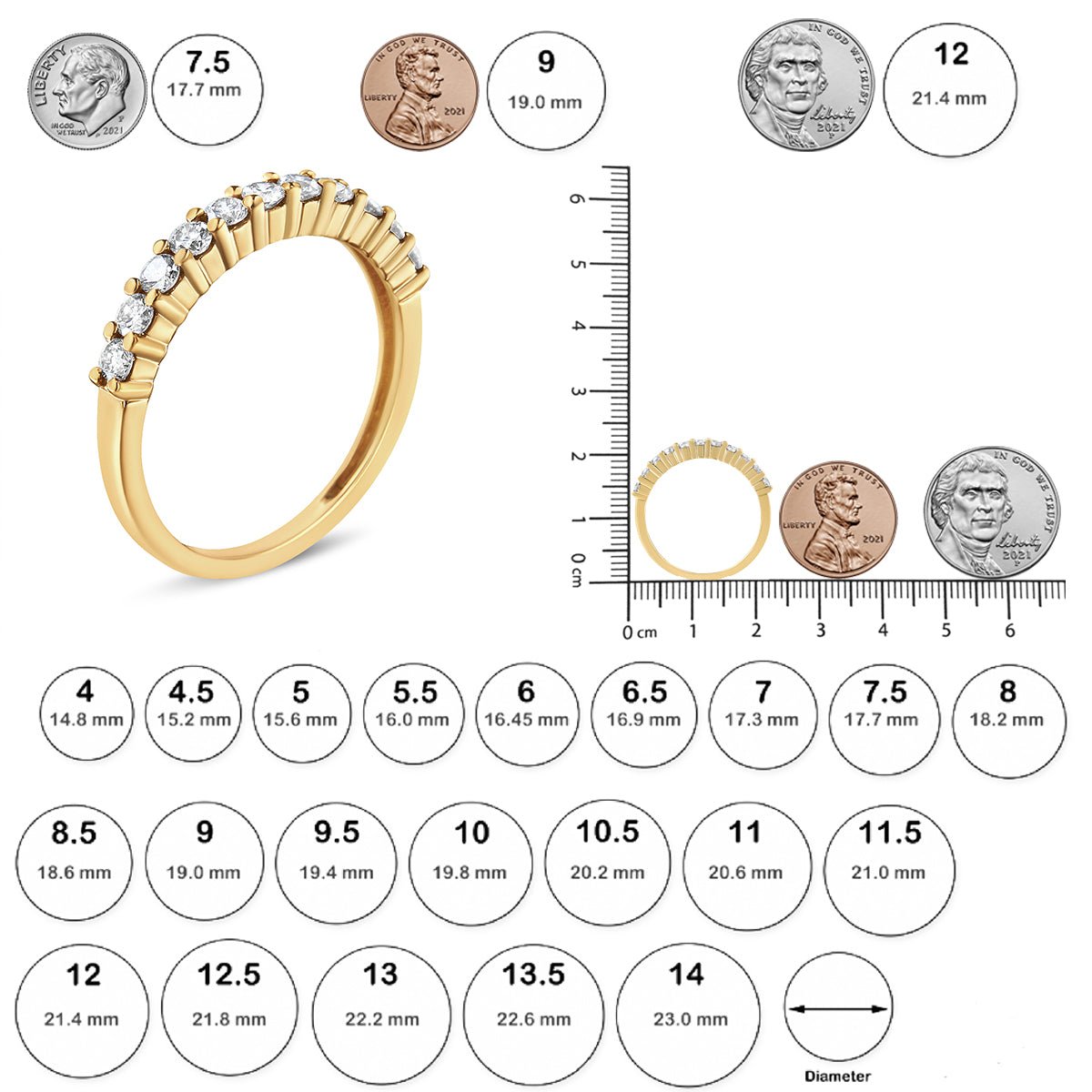 14K Yellow Gold Plated .925 Sterling Silver 1/2 cttw Shared Prong Set Brilliant Round-Cut Diamond 11 Stone Band Ring (J-K Color, SI1-SI2 Clarity) - Size 7 - LinkagejewelrydesignLinkagejewelrydesign