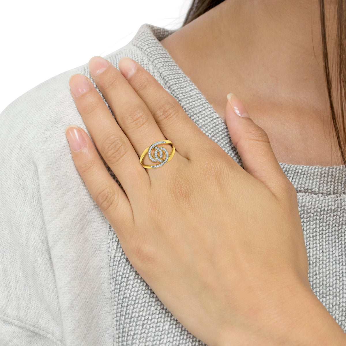 14K Yellow Gold Plated .925 Sterling Silver 1/4 Cttw Diamond Interlocking Loop Open Shank Bypass Ring (I-J Color, I1-I2 Clarity) - Size 7 - LinkagejewelrydesignLinkagejewelrydesign