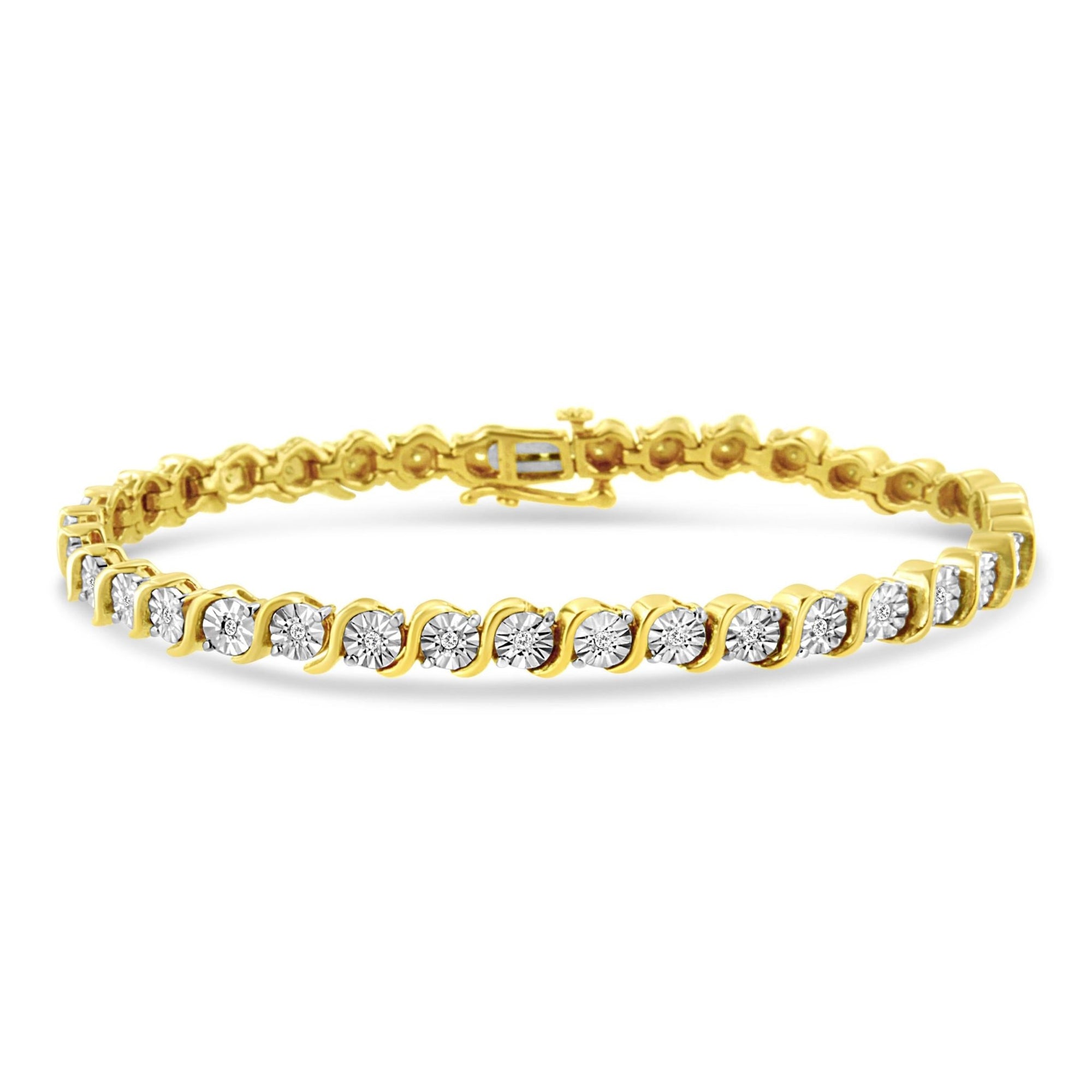 14K Yellow Gold Plated .925 Sterling Silver 1/4 Cttw Diamond Round Miracle Plate and "S" Link Tennis Bracelet (I-J Color, I2- I3 Clarity) - 7" - LinkagejewelrydesignLinkagejewelrydesign