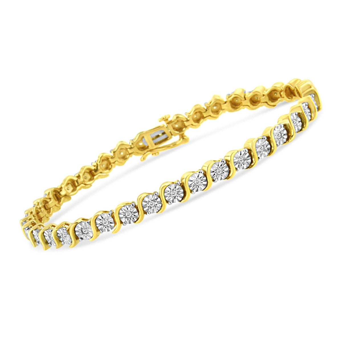 14K Yellow Gold Plated .925 Sterling Silver 1/4 Cttw Diamond Round Miracle Plate and &quot;S&quot; Link Tennis Bracelet (I-J Color, I2- I3 Clarity) - 7&quot; - LinkagejewelrydesignLinkagejewelrydesign