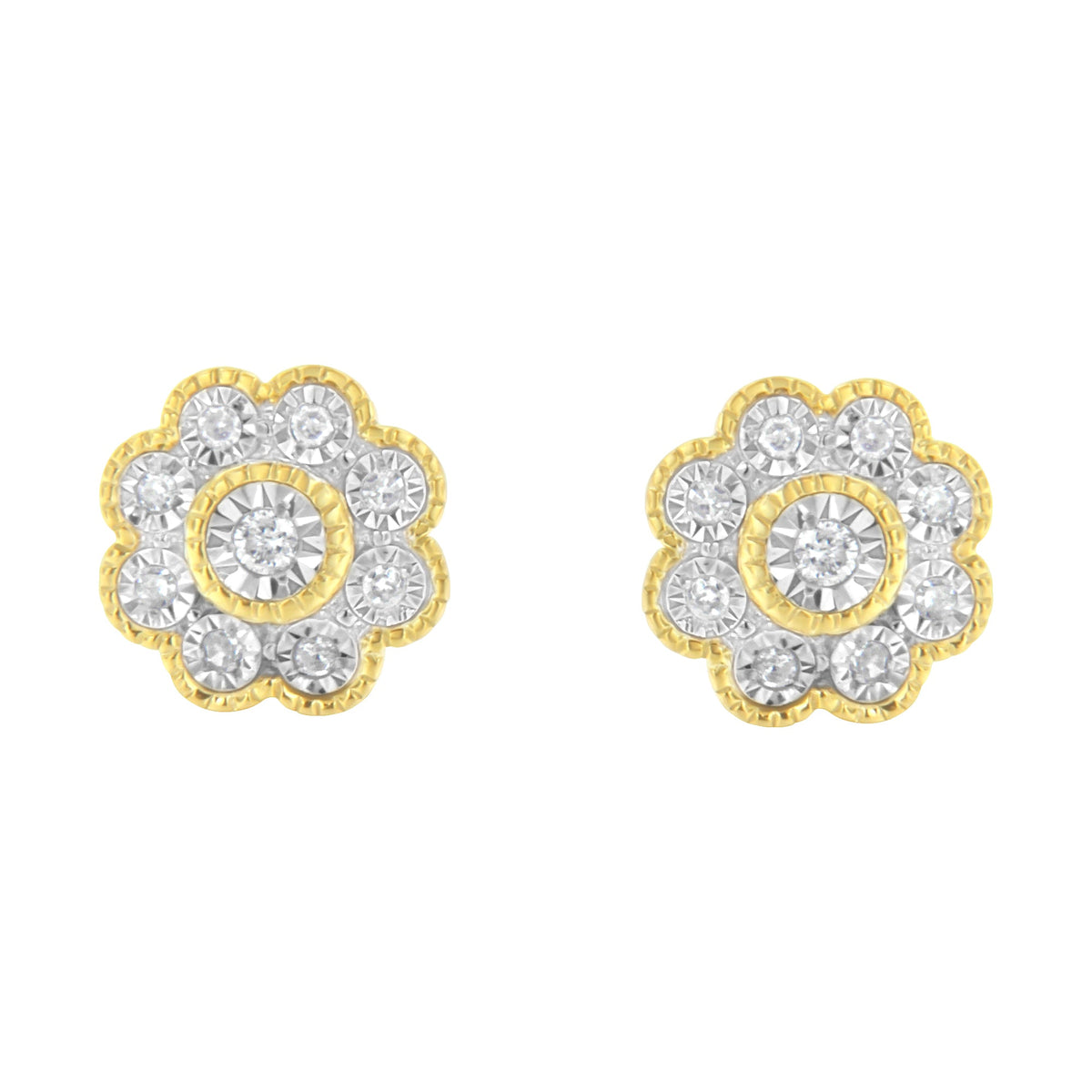 14K Yellow Gold Plated .925 Sterling Silver 1/6 Cttw Miracle-Plate Set Diamond Floral Stud Earrings (I-J Color, I2-I3 Clarity) - LinkagejewelrydesignLinkagejewelrydesign