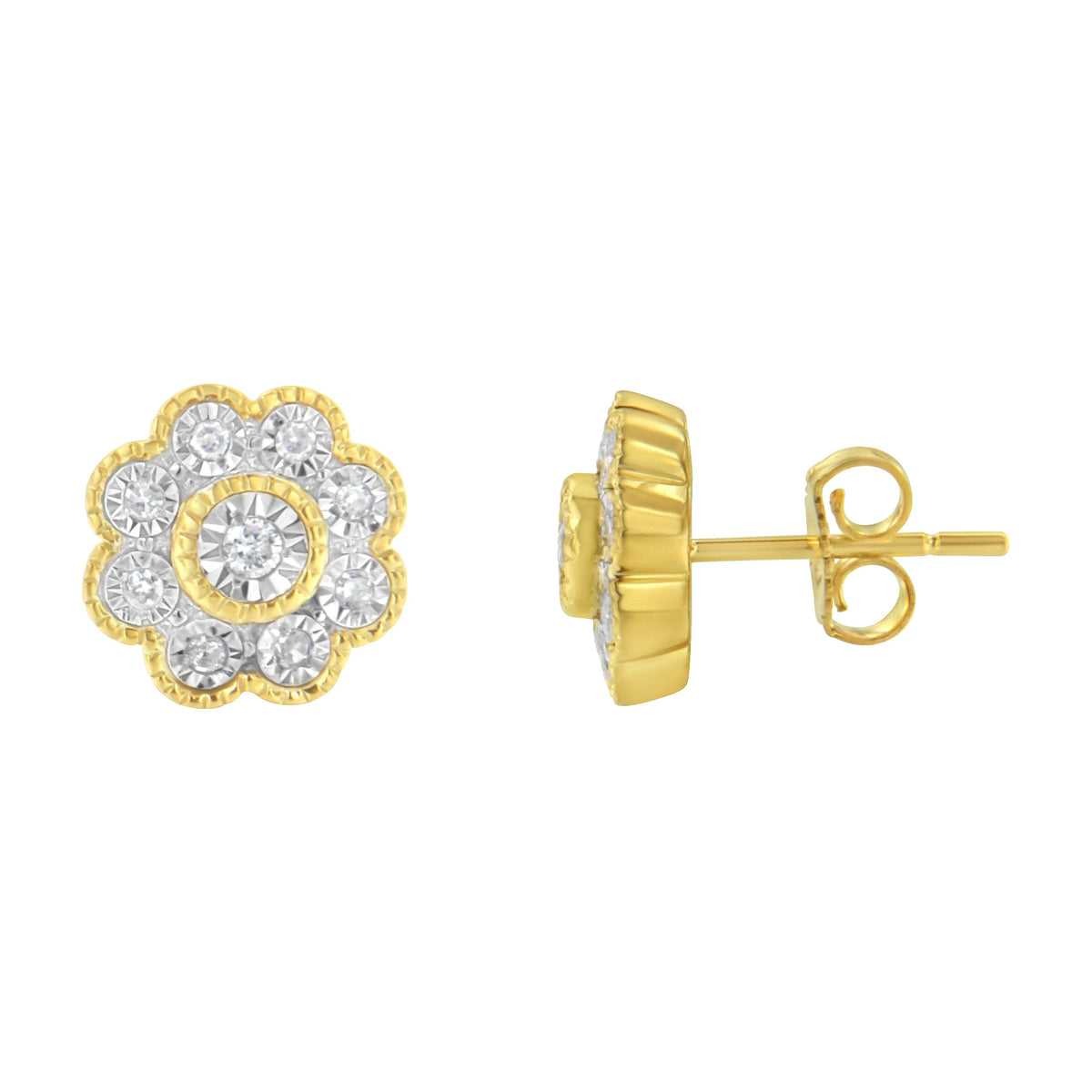 14K Yellow Gold Plated .925 Sterling Silver 1/6 Cttw Miracle-Plate Set Diamond Floral Stud Earrings (I-J Color, I2-I3 Clarity) - LinkagejewelrydesignLinkagejewelrydesign