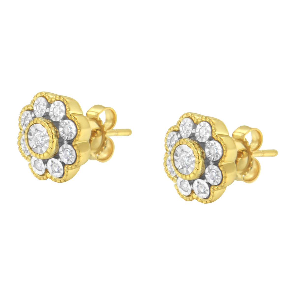 14K Yellow Gold Plated .925 Sterling Silver 1/6 Cttw Miracle-Plate Set Diamond Floral Stud Earrings (I-J Color, I2-I3 Clarity) - LinkagejewelrydesignLinkagejewelrydesign