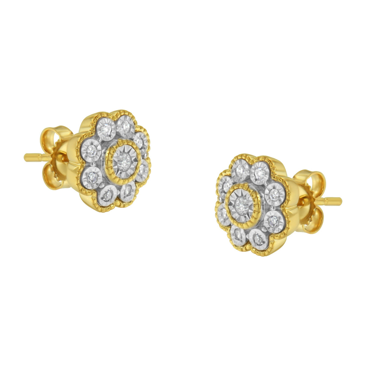 14K Yellow Gold Plated .925 Sterling Silver 1/6 Cttw Miracle-Plate Set Diamond Floral Stud Earrings (I-J Color, I2-I3 Clarity) - LinkagejewelrydesignLinkagejewelrydesign