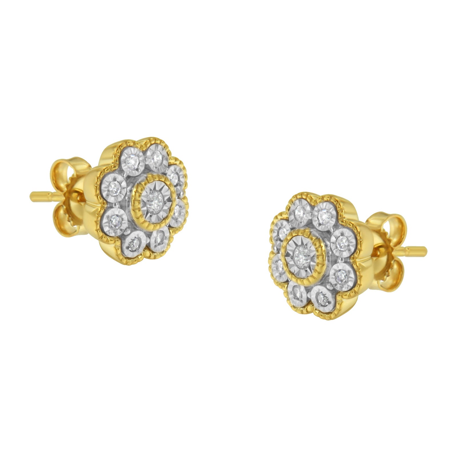 14K Yellow Gold Plated .925 Sterling Silver 1/6 Cttw Miracle-Plate Set Diamond Floral Stud Earrings (I-J Color, I2-I3 Clarity) - LinkagejewelrydesignLinkagejewelrydesign