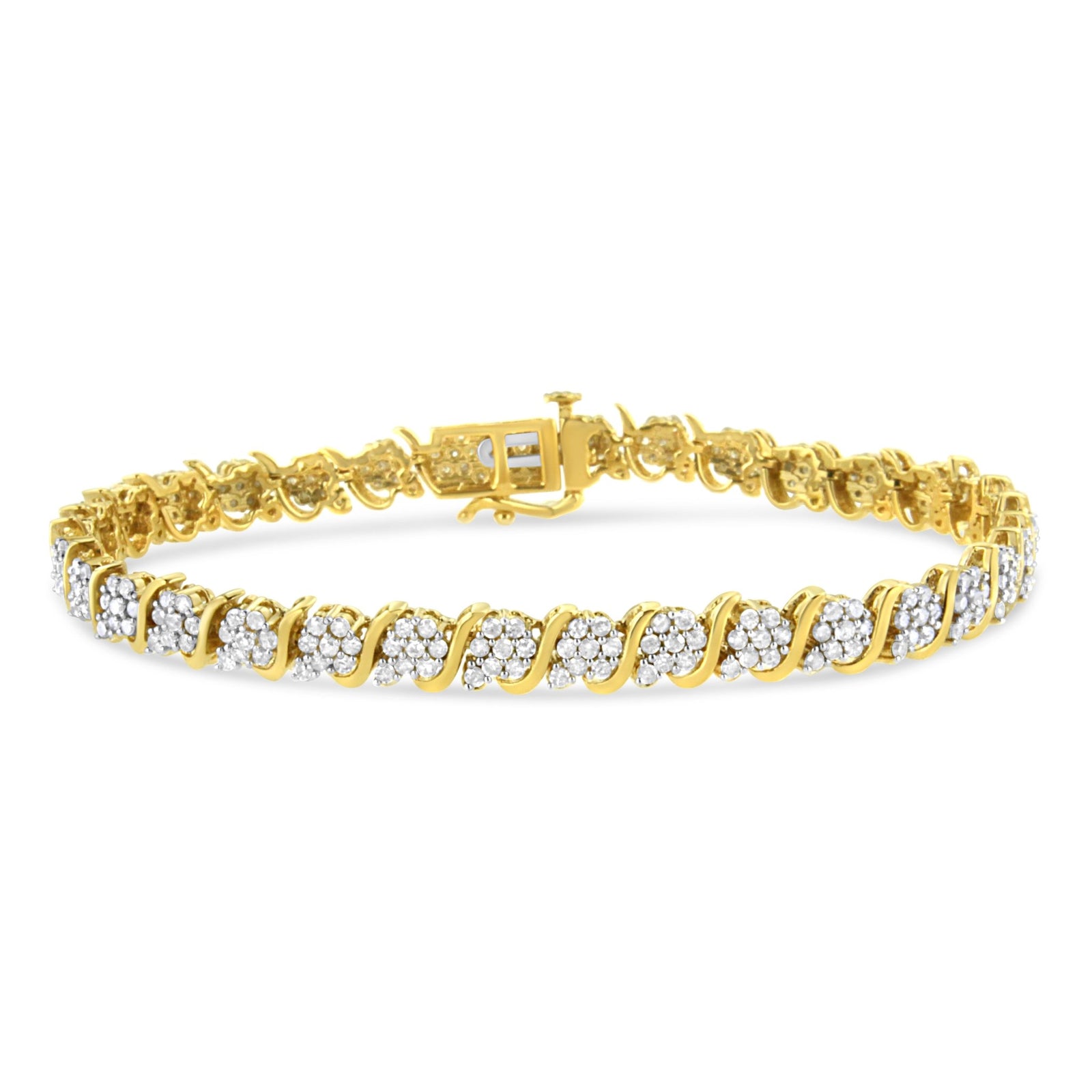 14K Yellow Gold Plated .925 Sterling Silver 3.00 Cttw Diamond Alternating Flower Cluster and "S" Link Tennis Bracelet (L-M Color, I2-I3 Clarity) - 7.25" - LinkagejewelrydesignLinkagejewelrydesign