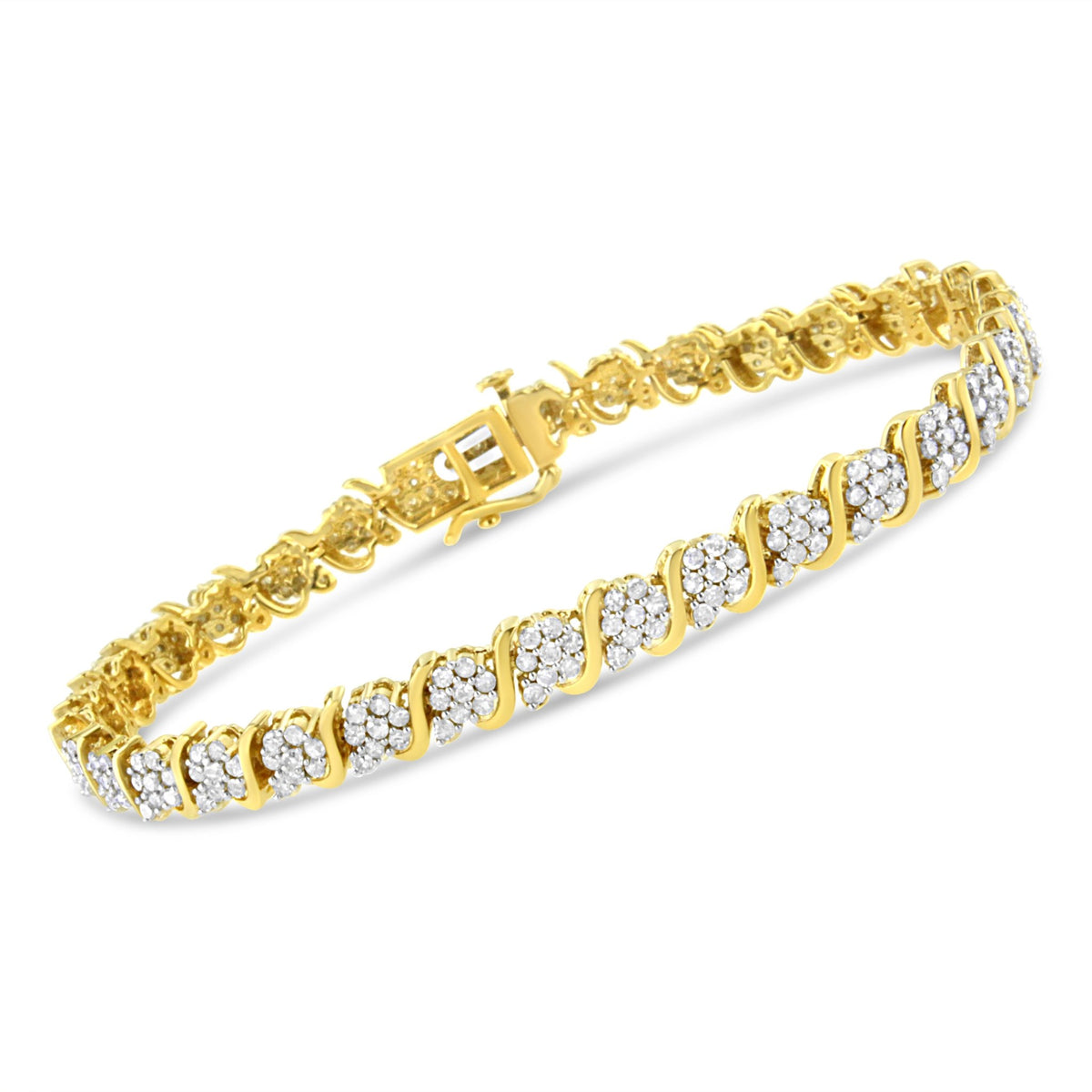 14K Yellow Gold Plated .925 Sterling Silver 3.00 Cttw Diamond Alternating Flower Cluster and &quot;S&quot; Link Tennis Bracelet (L-M Color, I2-I3 Clarity) - 7.25&quot; - LinkagejewelrydesignLinkagejewelrydesign