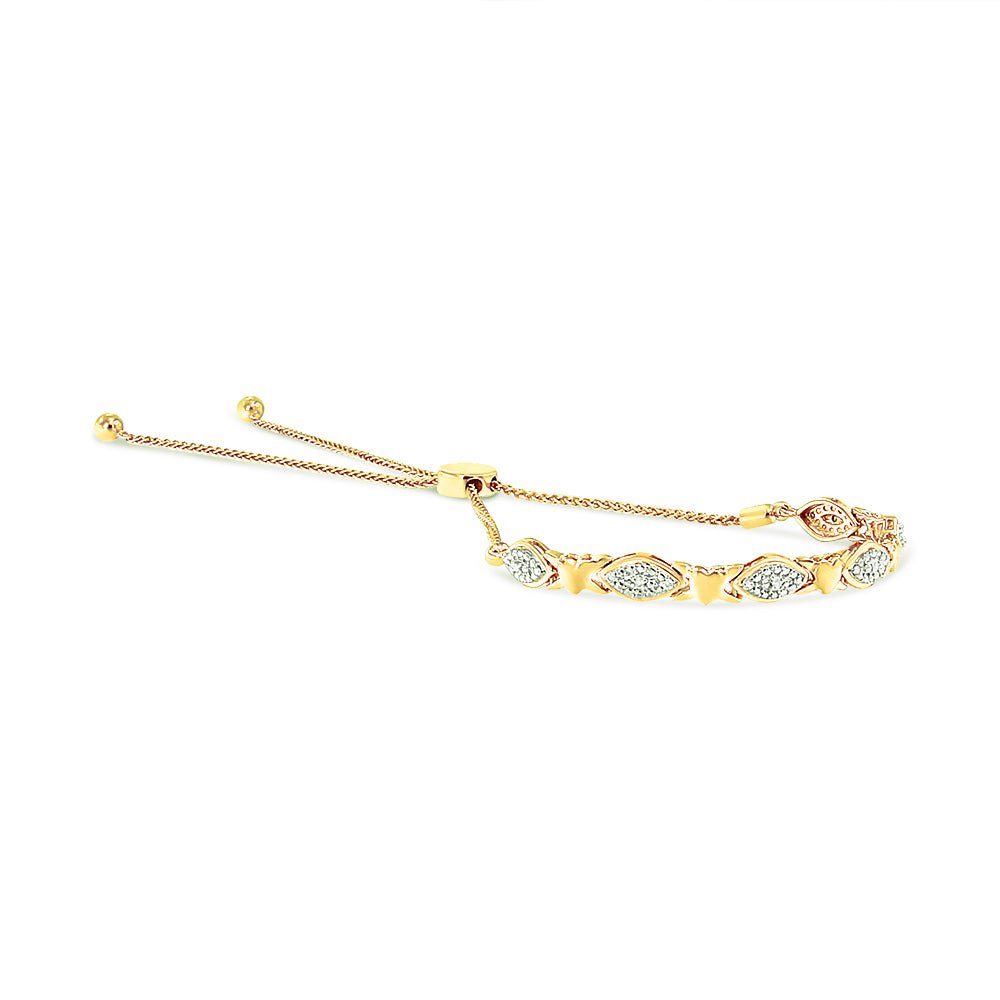 14K Yellow Gold Plated .925 Sterling Silver Diamond Accent Alternating Marquise Shape and Heart Links Bolo Bracelet (I-J Color, I3 Clarity) - Adjustable 6&quot; to 9&quot; - LinkagejewelrydesignLinkagejewelrydesign