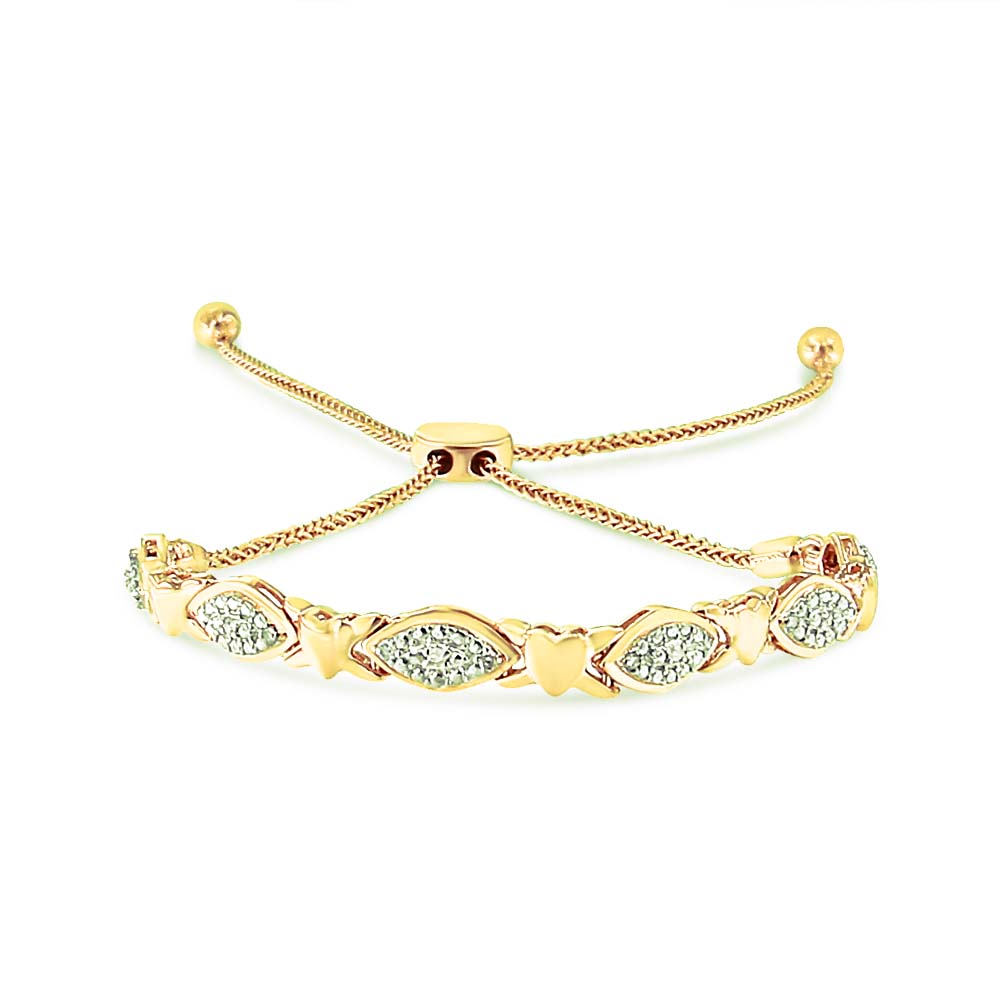 14K Yellow Gold Plated .925 Sterling Silver Diamond Accent Alternating Marquise Shape and Heart Links Bolo Bracelet (I-J Color, I3 Clarity) - Adjustable 6&quot; to 9&quot; - LinkagejewelrydesignLinkagejewelrydesign