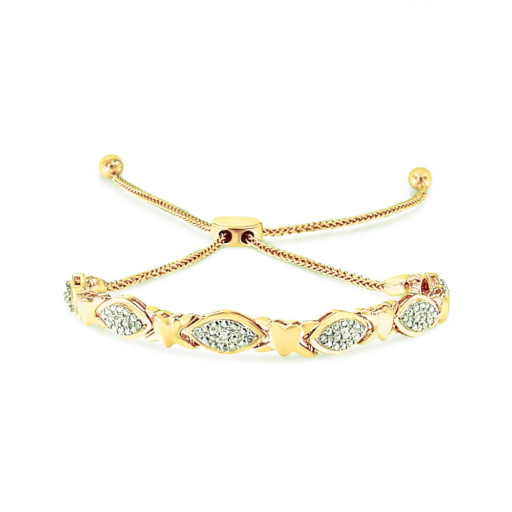14K Yellow Gold Plated .925 Sterling Silver Diamond Accent Alternating Marquise Shape and Heart Links Bolo Bracelet (I-J Color, I3 Clarity) - Adjustable 6" to 9" - LinkagejewelrydesignLinkagejewelrydesign