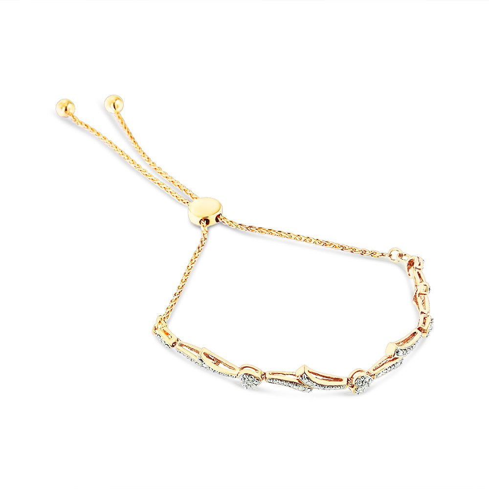 14K Yellow Gold Plated .925 Sterling Silver Diamond Accent Heart and Wave Link Bolo Bracelet (I-J Color, I2-I3 Clarity) - 6&quot; to 9&quot; Adjustable - LinkagejewelrydesignLinkagejewelrydesign