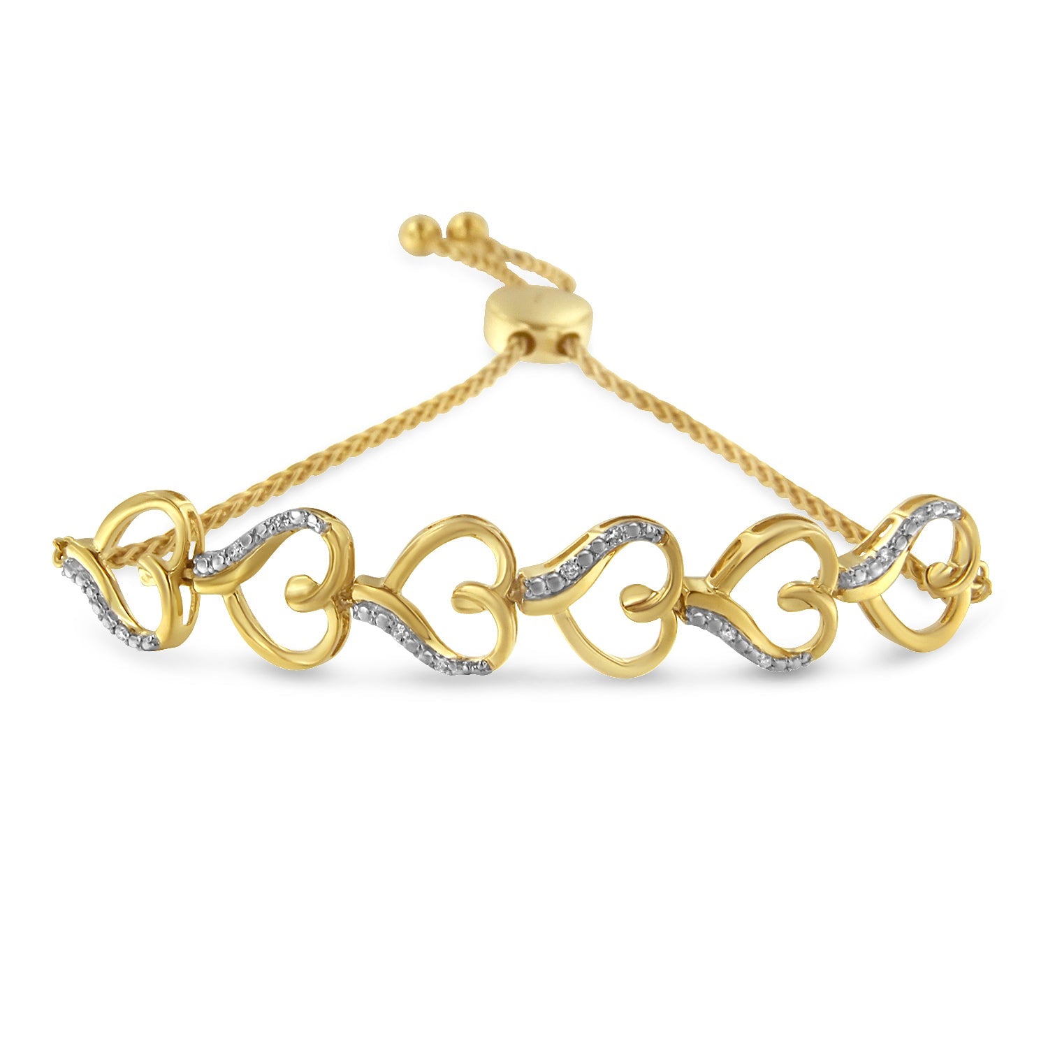 14K Yellow Gold Plated .925 Sterling Silver Diamond Accent Heart Link Bolo Bracelet (H-I Color, I2-I3 Clarity) - LinkagejewelrydesignLinkagejewelrydesign