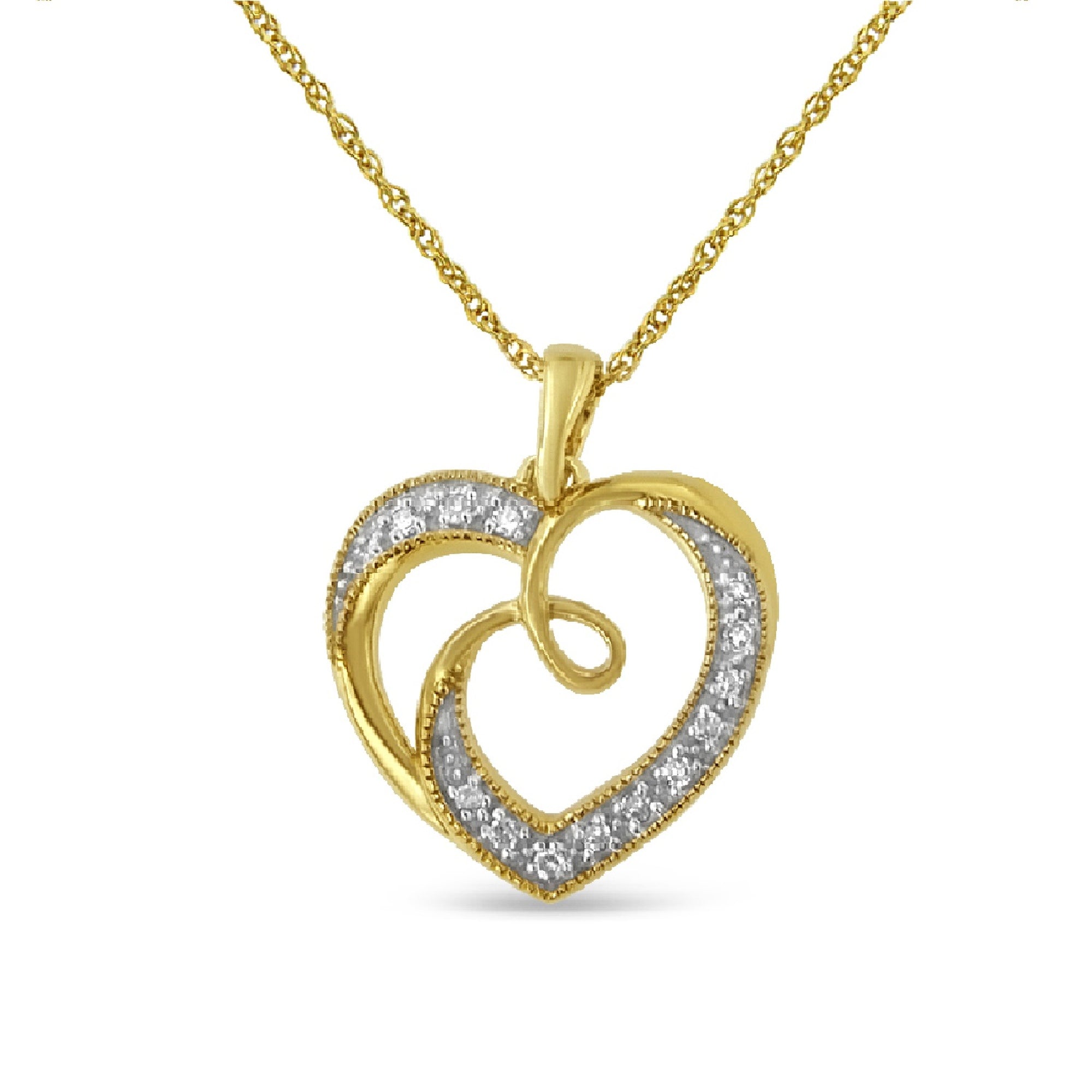 14K Yellow Gold Plated .925 Sterling Silver Diamond Accent Ribbon & Heart 18" Pendant Necklace (H-I Color, I2-I3 Clarity) - LinkagejewelrydesignLinkagejewelrydesign