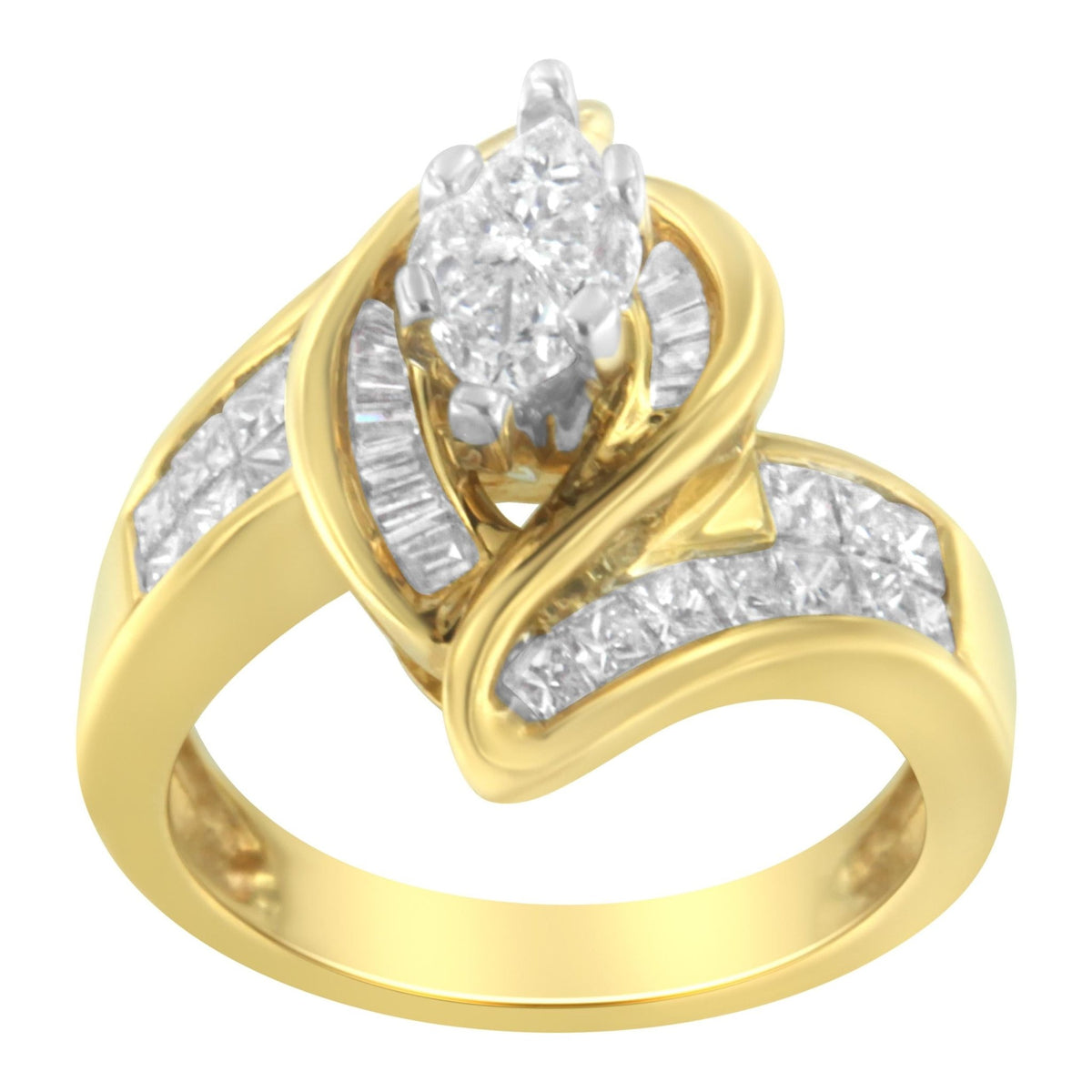 14K Yellow Gold Princess, Baguette, and Pie cut Diamond Marquise Shaped Ring (1 1/4 Cttw, G-H Color, SI1-SI2 Clarity) - Size 5-1/2 - LinkagejewelrydesignLinkagejewelrydesign