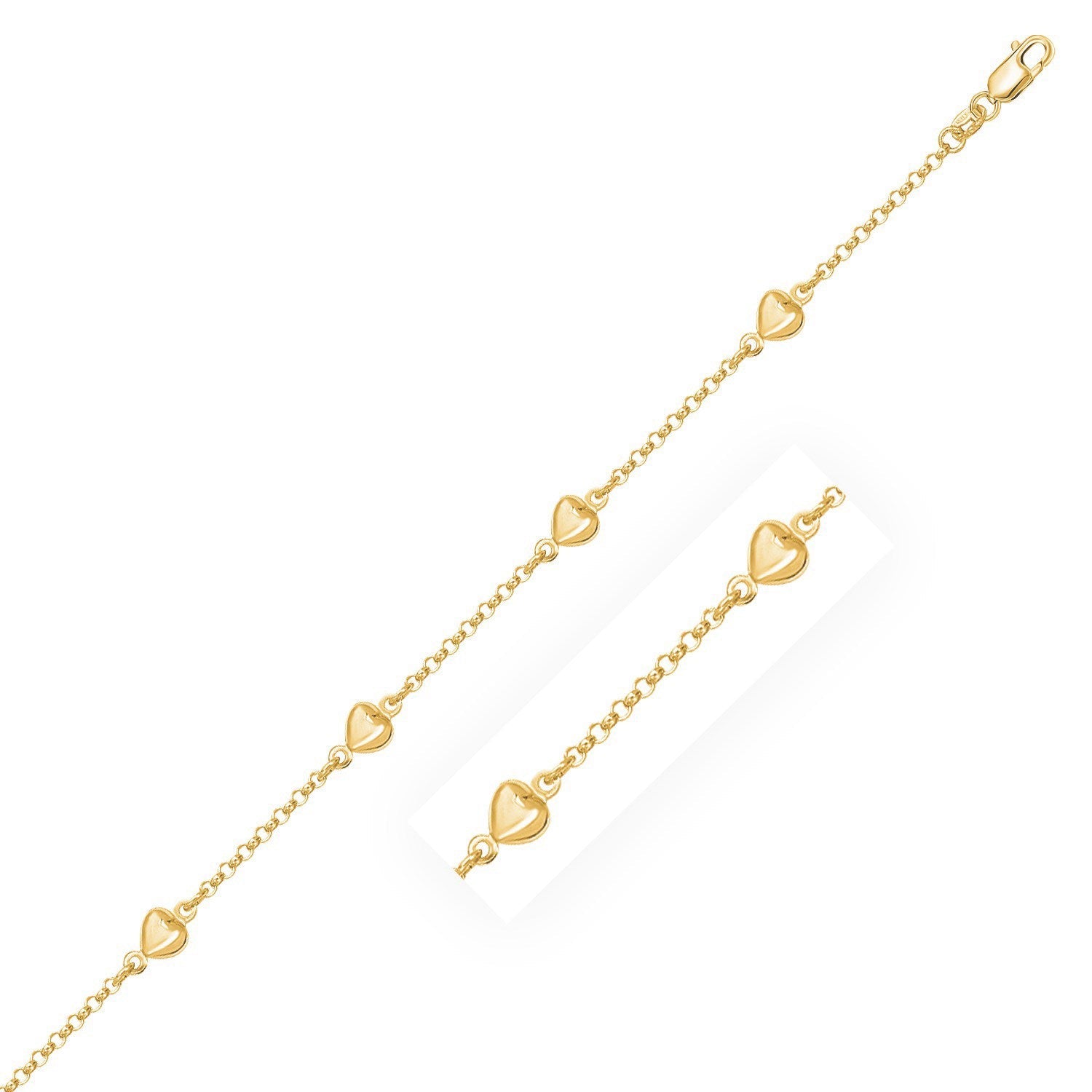 14k Yellow Gold Rolo Chain Bracelet with Puffed Heart Stations - LinkagejewelrydesignLinkagejewelrydesign