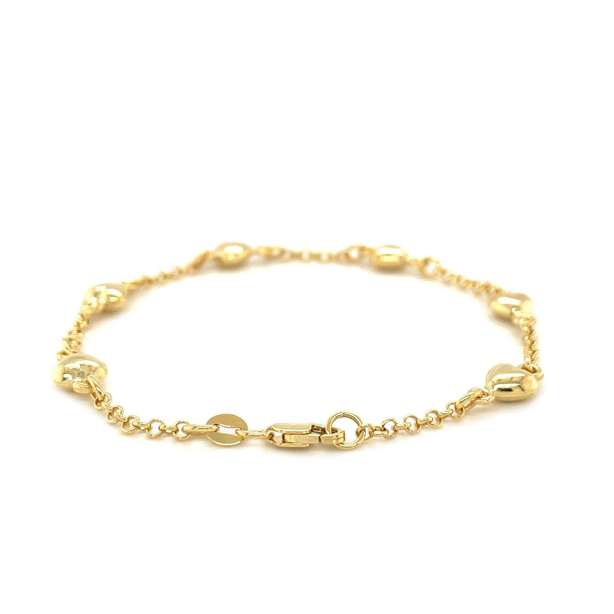 14k Yellow Gold Rolo Chain Bracelet with Puffed Heart Stations - LinkagejewelrydesignLinkagejewelrydesign