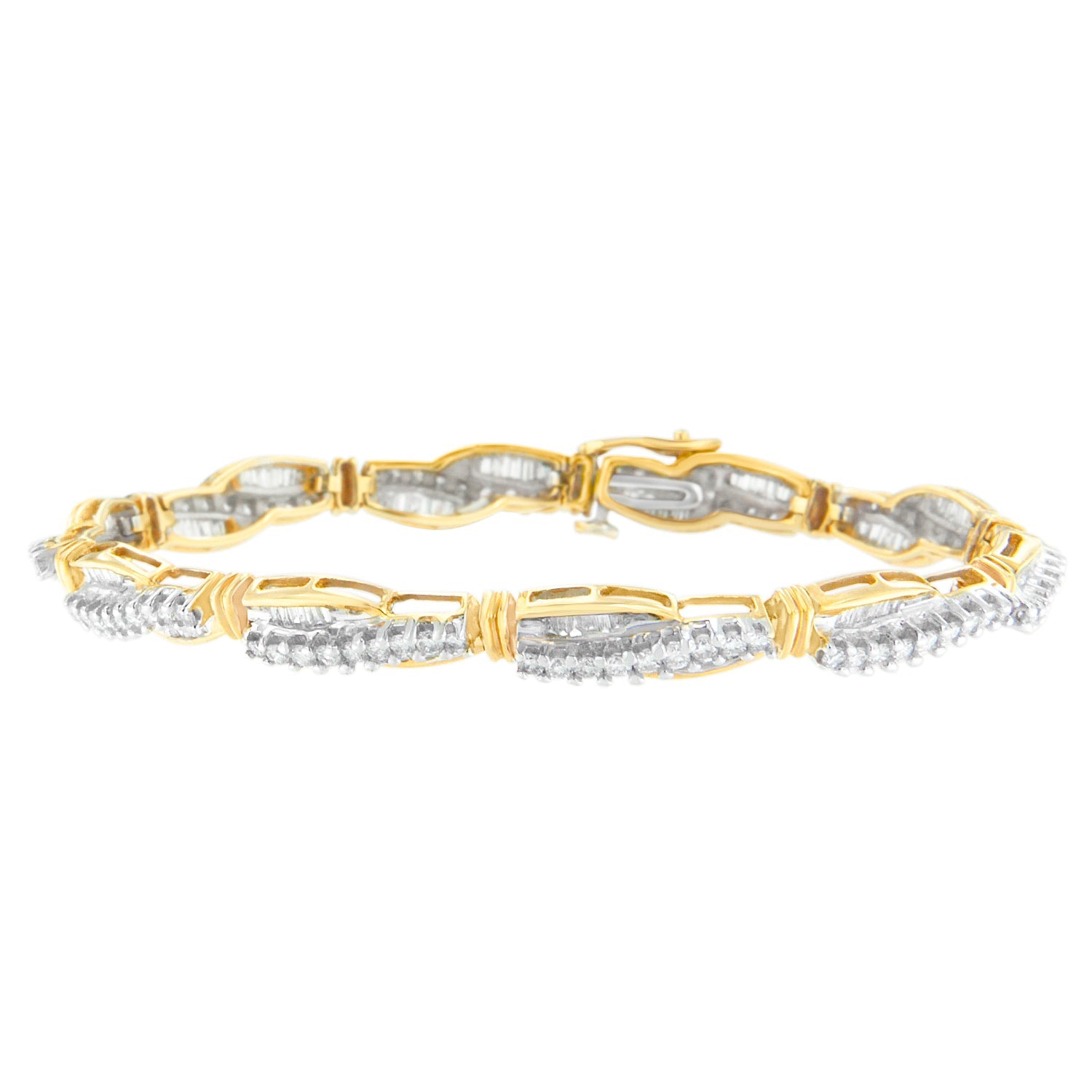 14K Yellow Gold Round and Baguette Cut Winding Love Diamond Bracelet (3.00 cttw, H-I Color, SI1-SI2 Clarity) - LinkagejewelrydesignLinkagejewelrydesign