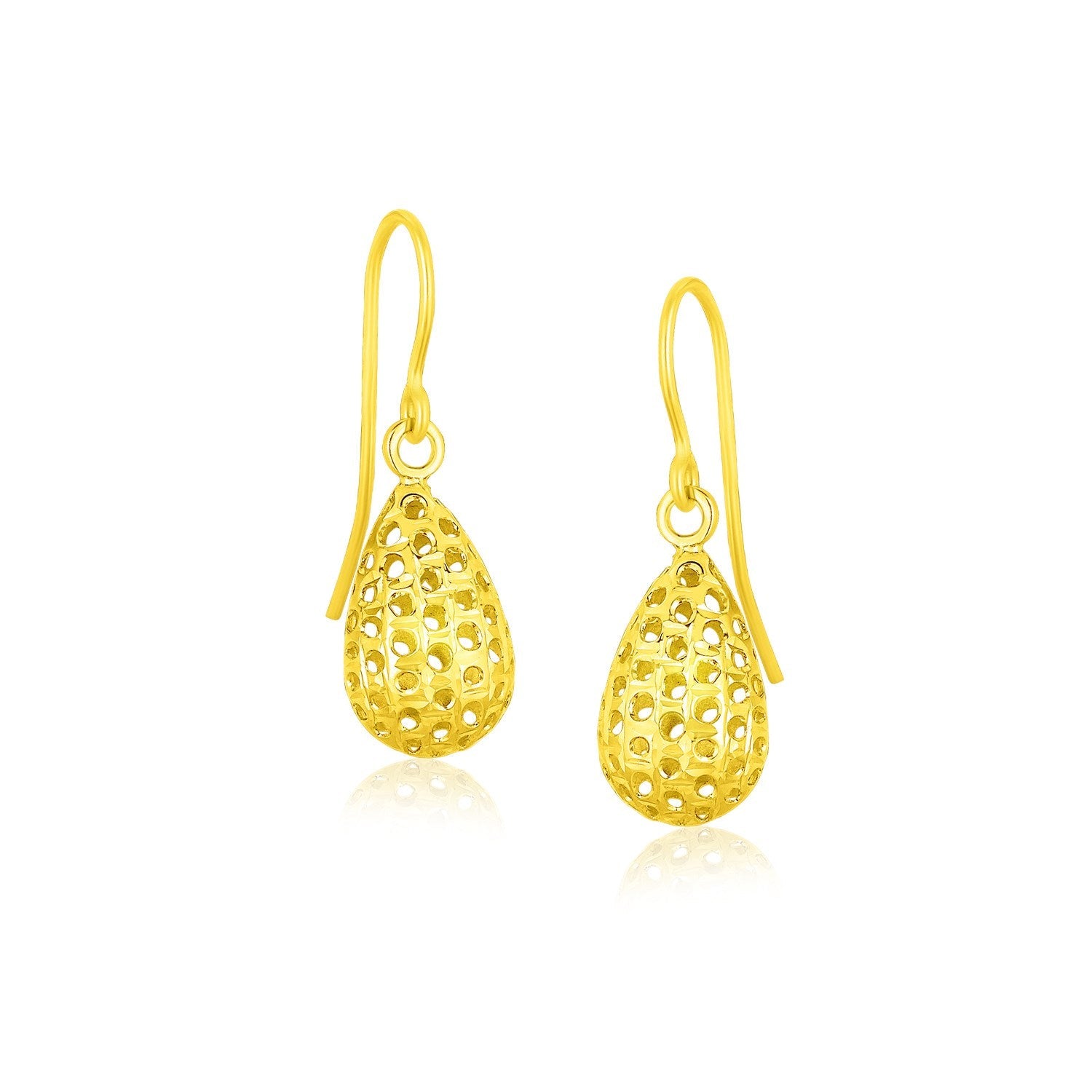 14k Yellow Gold Teardrop Drop Earrings with Honeycomb Texture - LinkagejewelrydesignLinkagejewelrydesign