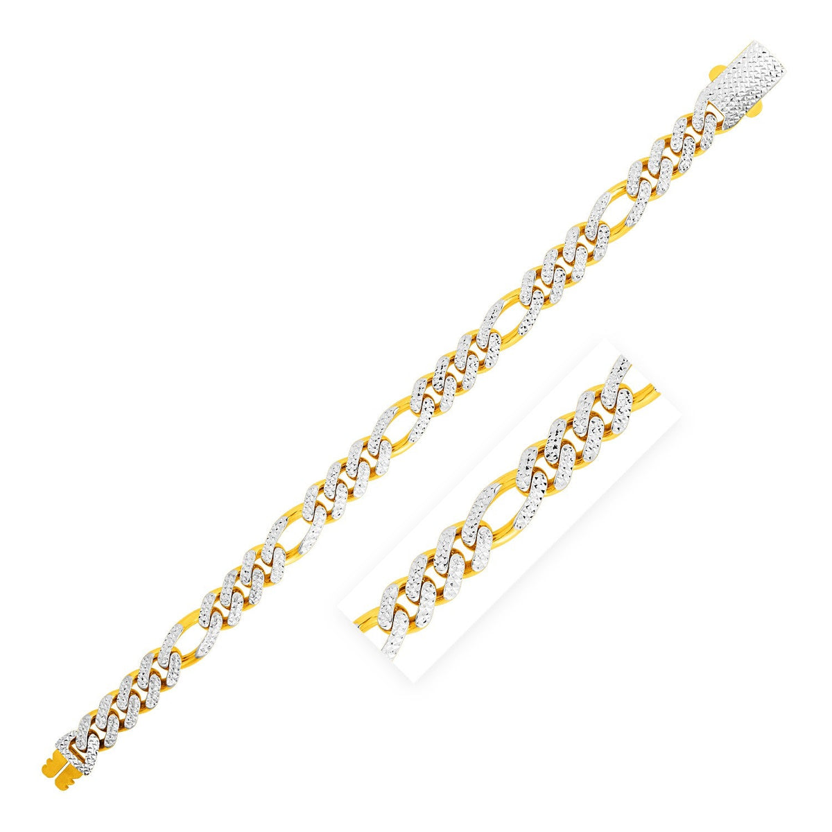 14k Yellow Gold White Pave High Polish Modern Lite Figaro Bracelet (9.5mm) - LinkagejewelrydesignLinkagejewelrydesign