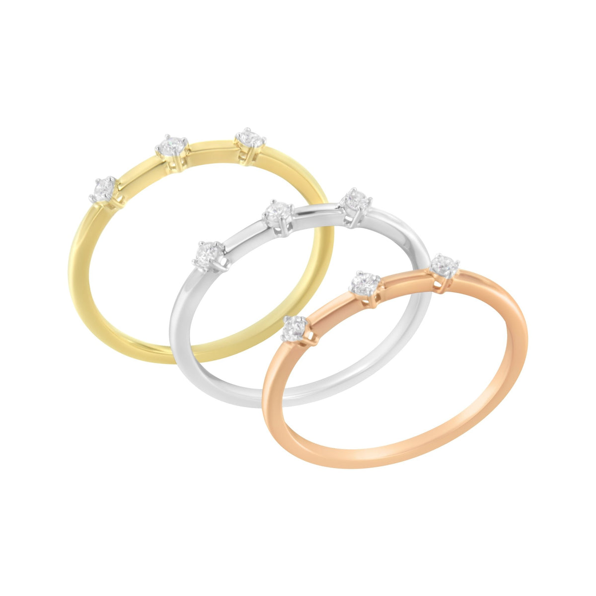 14kt Gold Plated Tri Tone .925 Sterling Silver 1/3 Cttw Prong-Set Round-Cut Diamond Three Piece Stackable Band Ring Set (I-J Color, I1-I2 Clarity) - Size 6 - LinkagejewelrydesignLinkagejewelrydesign