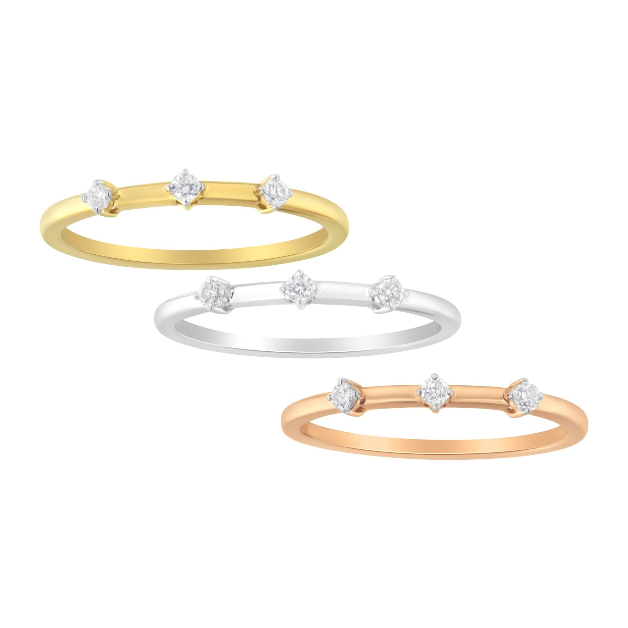 14kt Gold Plated Tri Tone .925 Sterling Silver 1/3 Cttw Prong-Set Round-Cut Diamond Three Piece Stackable Band Ring Set (I-J Color, I1-I2 Clarity) - Size 6 - LinkagejewelrydesignLinkagejewelrydesign