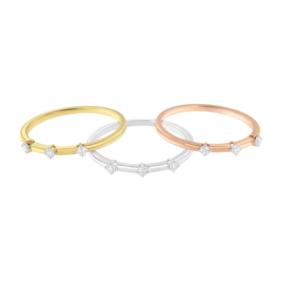 14kt Gold Plated Tri Tone .925 Sterling Silver 1/3 Cttw Prong-Set Round-Cut Diamond Three Piece Stackable Band Ring Set (I-J Color, I1-I2 Clarity) - Size 6 - LinkagejewelrydesignLinkagejewelrydesign