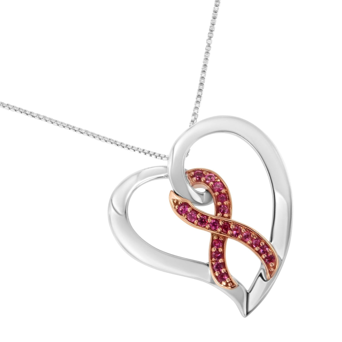 14KT Rose Gold and Sterling Silver Heart Pendant Necklace with Created Pink Sapphires - LinkagejewelrydesignLinkagejewelrydesign