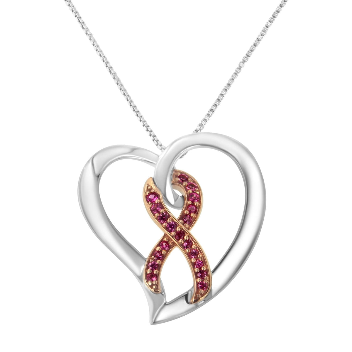 14KT Rose Gold and Sterling Silver Heart Pendant Necklace with Created Pink Sapphires - LinkagejewelrydesignLinkagejewelrydesign