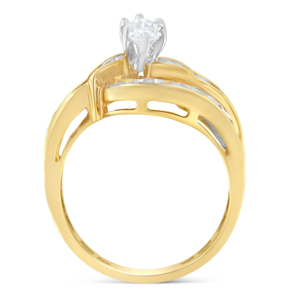 14KT Two-Toned Gold Marquise, Baguette and Round Cut Diamond Bypass Ring (1 cttw, H-I Color, SI1-SI2 Clarity) (Size 7) - LinkagejewelrydesignLinkagejewelrydesign