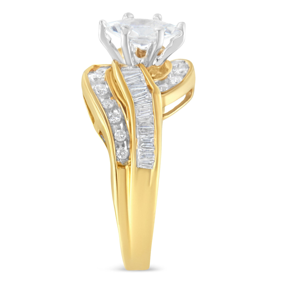 14KT Two-Toned Gold Marquise, Baguette and Round Cut Diamond Bypass Ring (1 cttw, H-I Color, SI1-SI2 Clarity) (Size 7) - LinkagejewelrydesignLinkagejewelrydesign