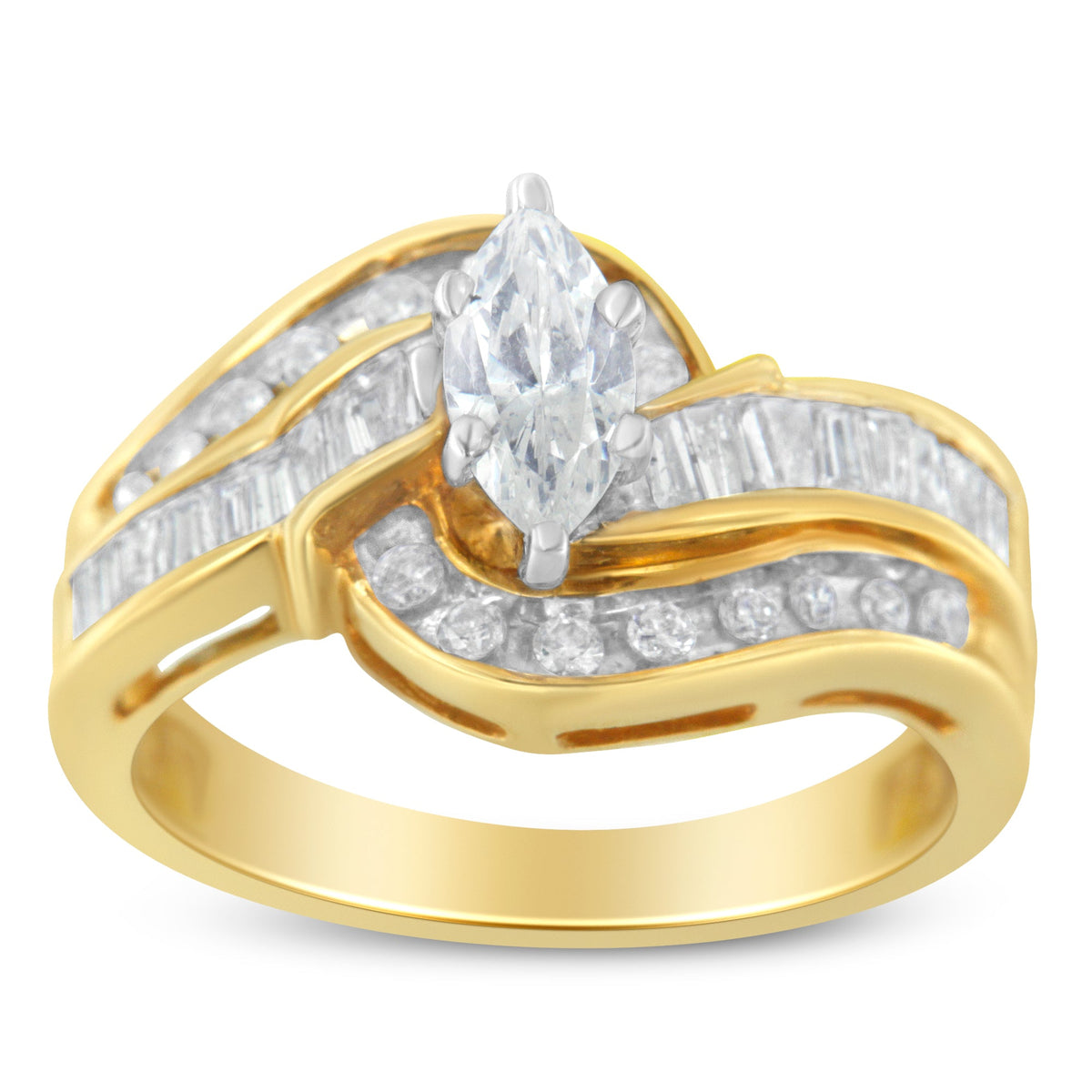 14KT Two-Toned Gold Marquise, Baguette and Round Cut Diamond Bypass Ring (1 cttw, H-I Color, SI1-SI2 Clarity) (Size 7) - LinkagejewelrydesignLinkagejewelrydesign