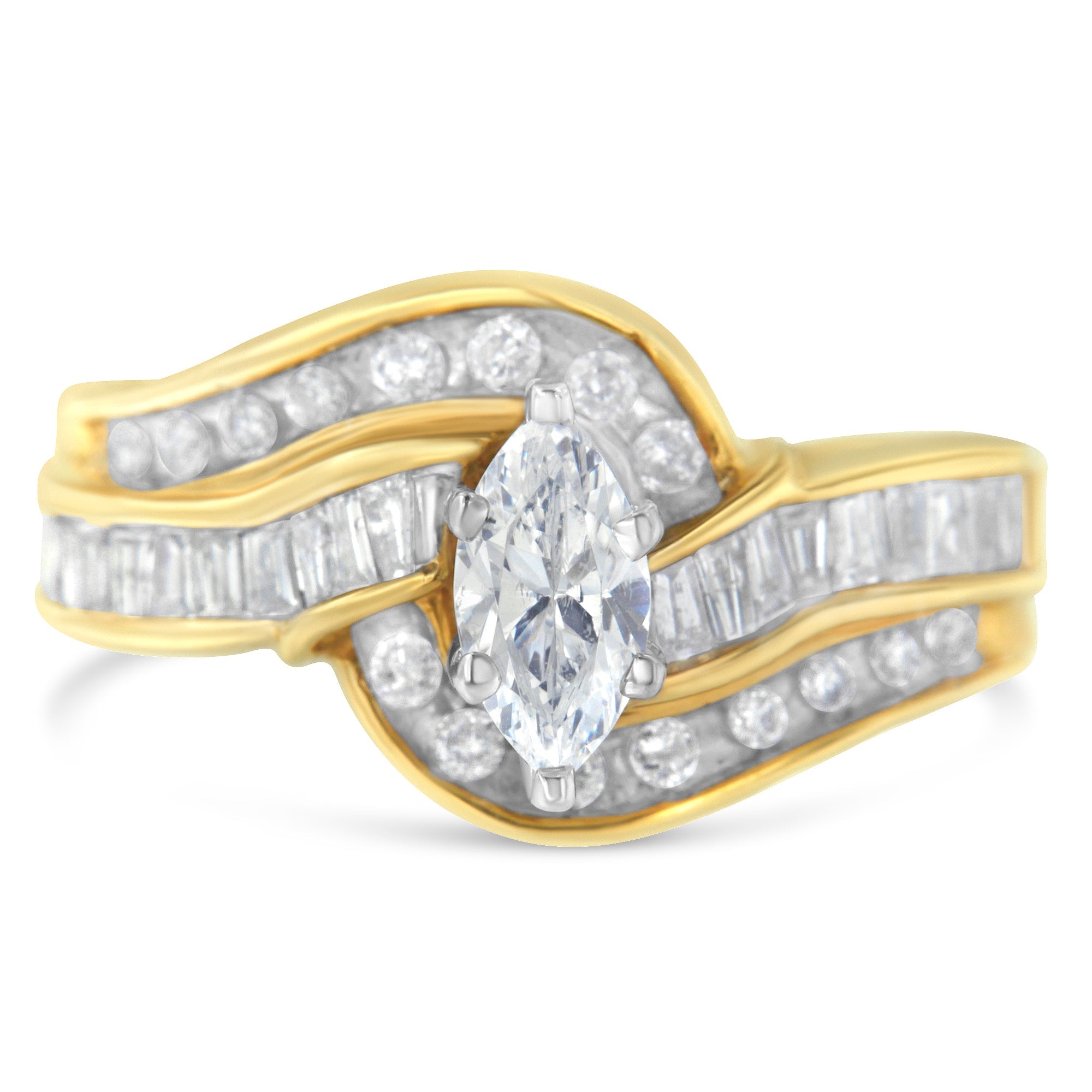 14KT Two-Toned Gold Marquise, Baguette and Round Cut Diamond Bypass Ring (1 cttw, H-I Color, SI1-SI2 Clarity) (Size 7) - LinkagejewelrydesignLinkagejewelrydesign