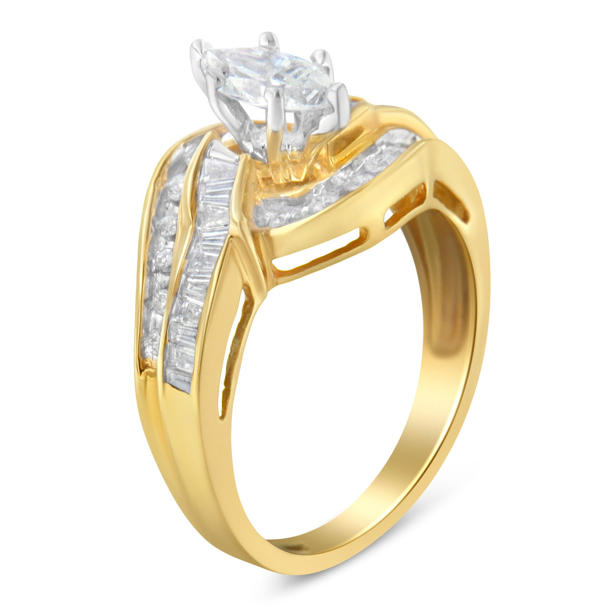 14KT Two-Toned Gold Marquise, Baguette and Round Cut Diamond Bypass Ring (1 cttw, H-I Color, SI1-SI2 Clarity) (Size 7) - LinkagejewelrydesignLinkagejewelrydesign