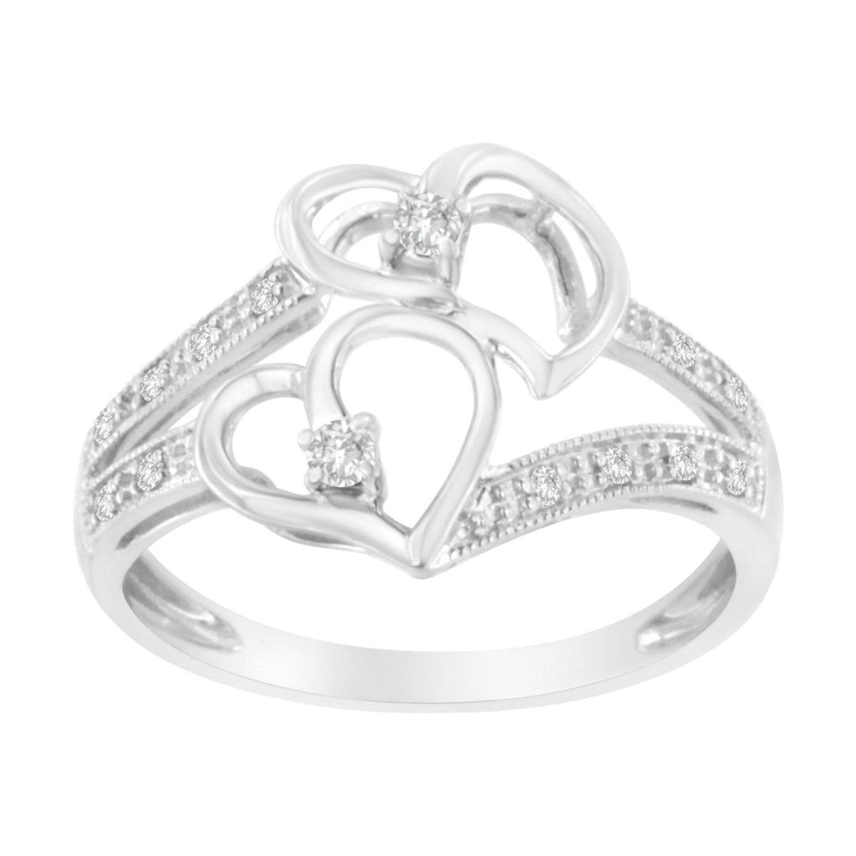 14KT White Gold 1/10 cttw Diamond Twin Heart Ring - Size 6.5 - LinkagejewelrydesignLinkagejewelrydesign