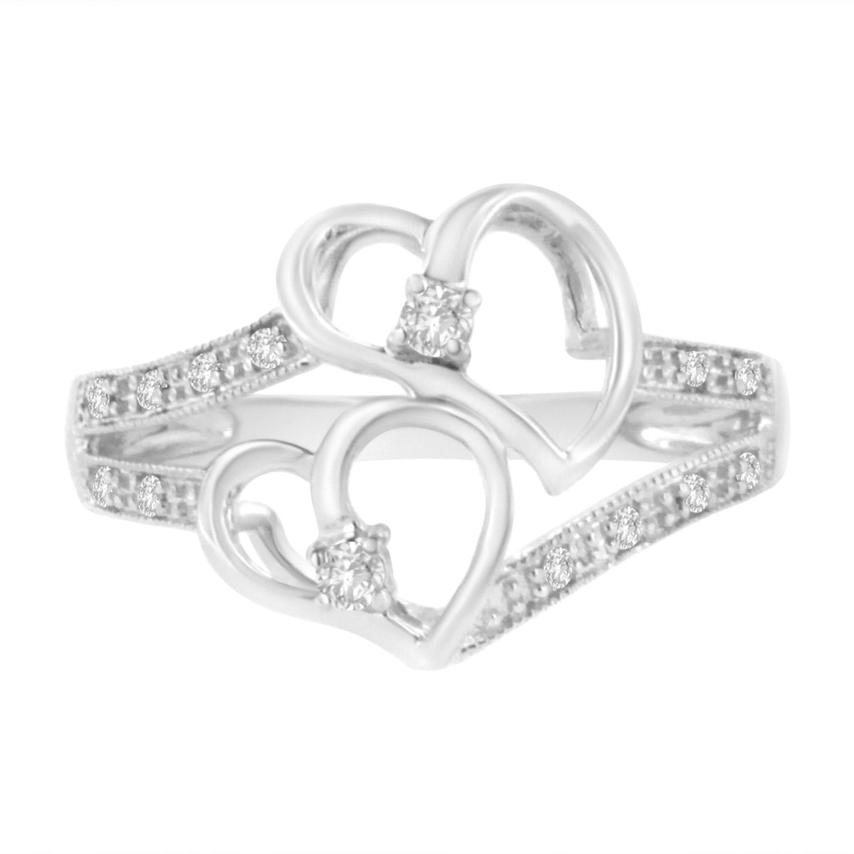 14KT White Gold 1/10 cttw Diamond Twin Heart Ring - Size 6.5 - LinkagejewelrydesignLinkagejewelrydesign