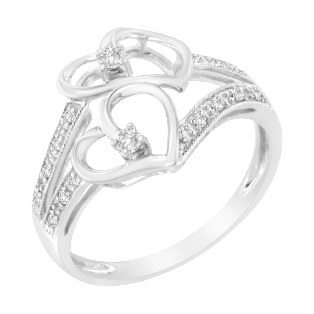 14KT White Gold 1/10 cttw Diamond Twin Heart Ring - Size 6.5 - LinkagejewelrydesignLinkagejewelrydesign