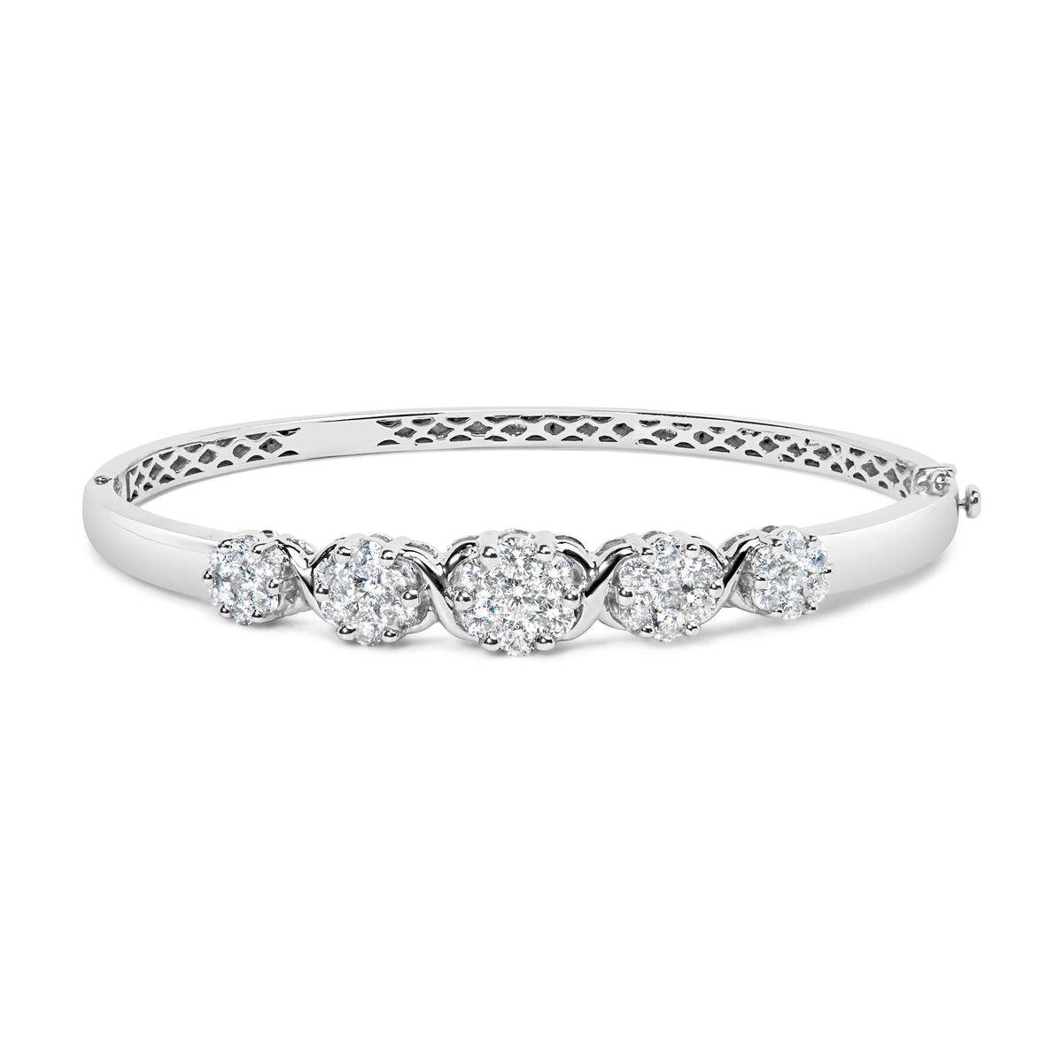 14K White Gold 2 1/2 Cttw Diamond Graduating Floral Cluster Bangle Bracelet (H-I Color, SI1-SI2 Clarity) - Fits Wrists up to 7.25&quot;