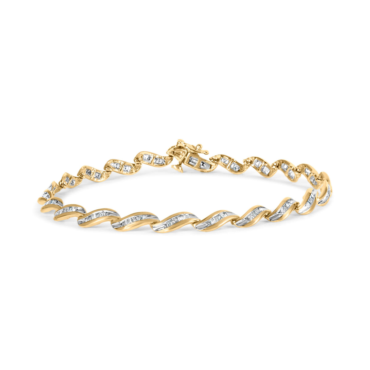 10k Yellow Gold 1.00 Cttw Baguette-Cut Diamond Spiral Link 7.50&quot; Bracelet (I-J Color, I1-I2 Clarity)